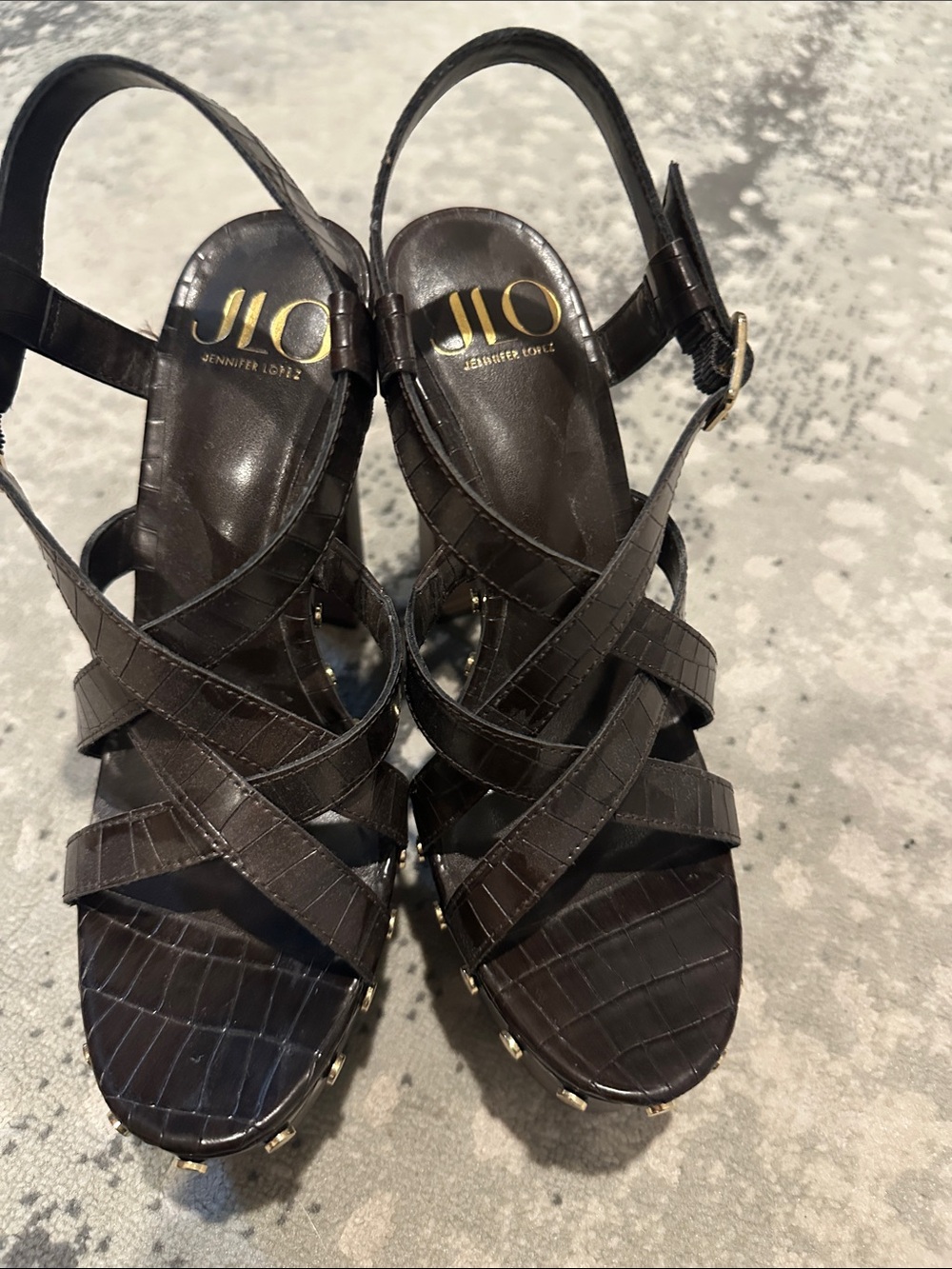Jennifer Lopez Dark Brown Croc-Effect Strappy Heels